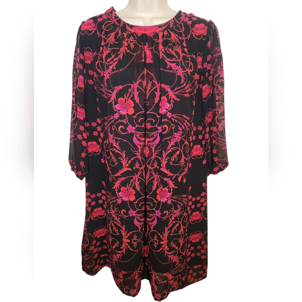 Eva Mendes Black Red Floral Tunic Dress Sheer Mini Boho Romantic Size Medium